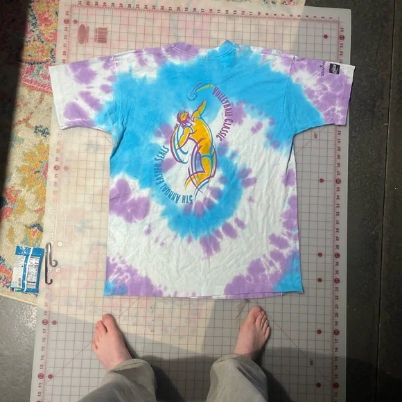 VINTAGE 90s TIE-DYED BLUE PURPLE VOLLEYBALL EASTER SEALS SINGLE STITCH TEE XL - Picture 10 of 10